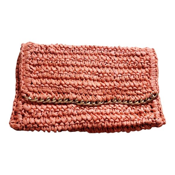 H & M Women's Orange Straw Woven Magnetic Clutch Zip Fold Over Purse 9" - Picture 6 of 8